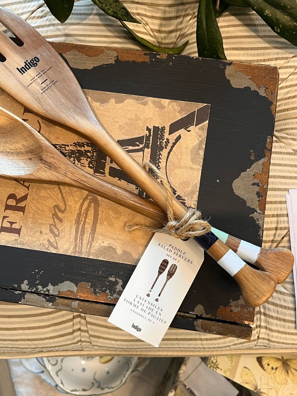 Indigo Wooden Paddle Salad Servers with White and Blue Handle Accents